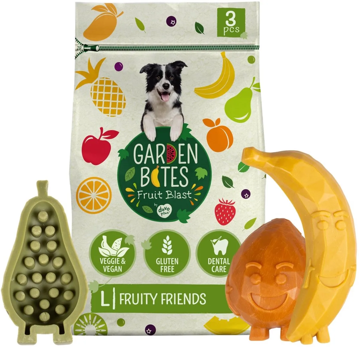 Garden Bites Fruity Friends dentale snacks voor honden 15,5 cm från Duvo+ – produktbild