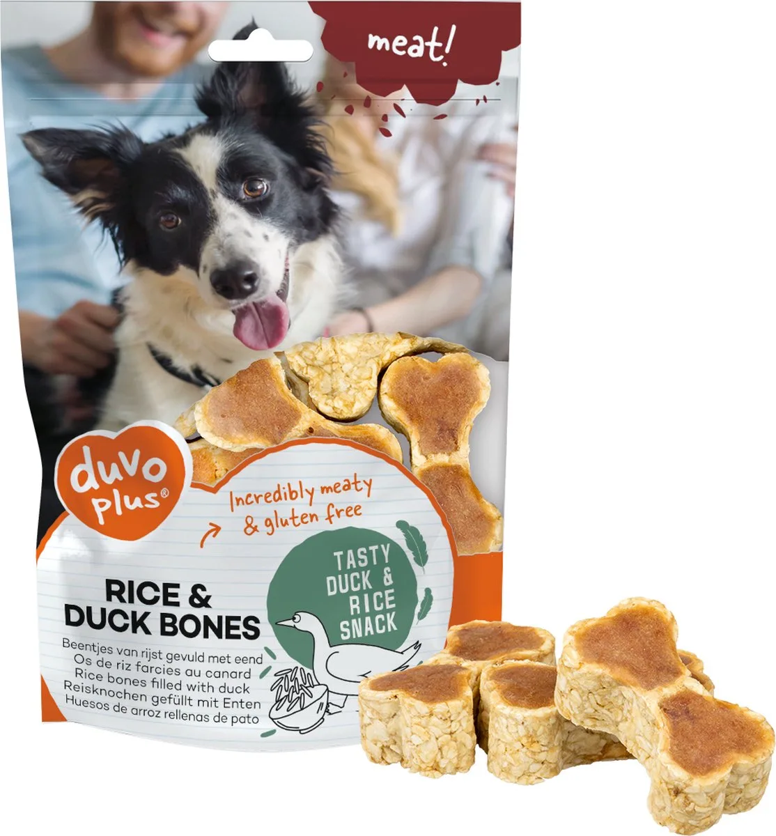 Hond - meat! Rijst benen met eend 140g - ± 4st - tray van Duvo+ – productfoto
