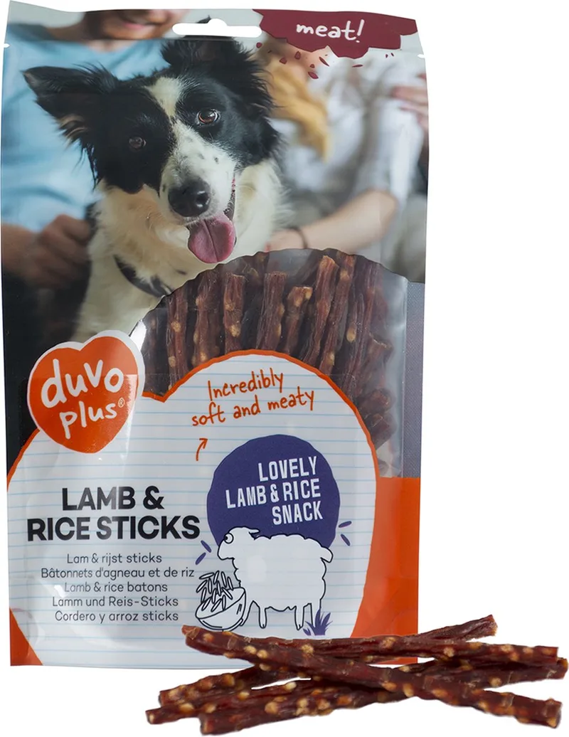 Hondensnack - Lam & Rijst Sticks 80gr - ± 20 stuks per zakje by Duvo+ – product photo