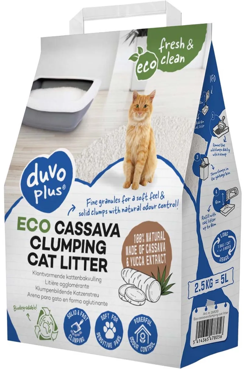 Kattenbakvulling ECO Cassave Klontvormende Kattenbakvulling 6 x 5 L – 30 L – 100% Natuurlijk incl muisje fra Duvo+ – produktbillede