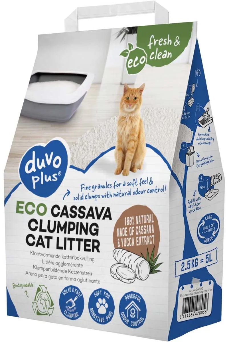 kattenbakvulling - klontvormende ECO cassave 100% natuurlijk per doos 6 x 5 L - Biologisch afbreekbaar - Hoog absorptie vermogen by Duvo+ – product photo