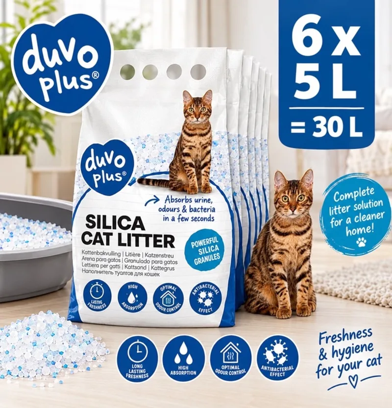 kattenbakvulling kristallen - 6 x 5 Liter - stofvrije kattenbakvulling - geurkattenbakcontrole , stofvrije kattenbakvulling, absorberende kattenbakvulling, kattenbak korrels, silica kattenbak, kattenbakvulling tegen geur by Duvo+ – product photo