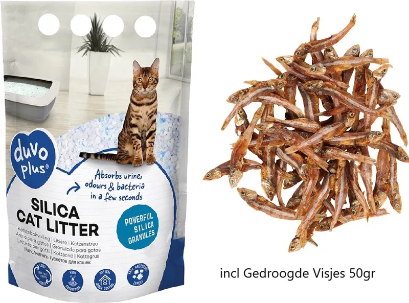 kattenbakvulling - premium Silica - 1 x 5 Liter - Superieure vochtopname - Stofvrij - 100% Natuurlijk - Biologisch afbreekbaar incl Gedroogde Visjes 50gr by Duvo+ – product photo
