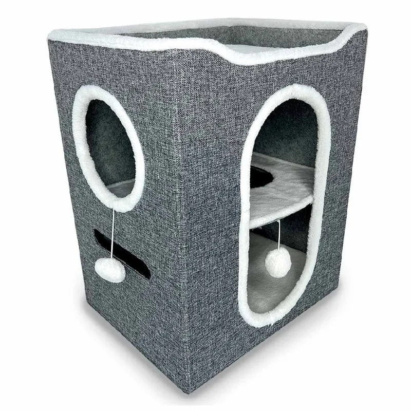 Kattenhuisje Gene - Opvouwbaar Kattenhuis met 2 Verdiepingen - Zacht Pluche met Kijkgaatjes - 46x36x58cm de Duvo+ en Gris – photo produit