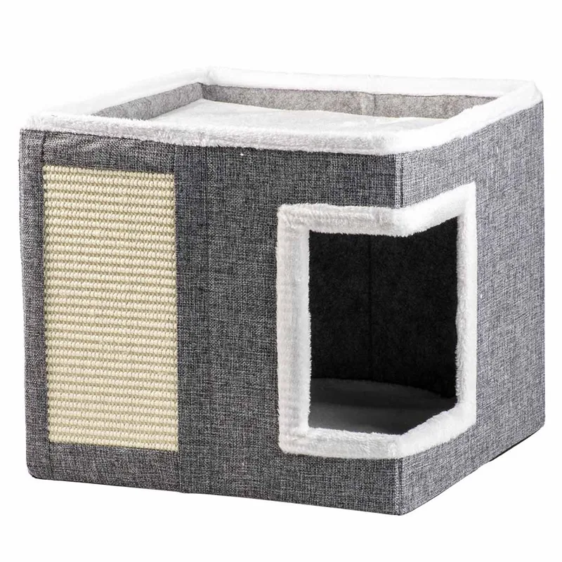 Kattenkrabhuisje Gaby - Opvouwbaar Kattenhuis met Sisal Krabmat en 2 Ligplekken - 39x39x35cm von Duvo+ in Grau – Produktfoto