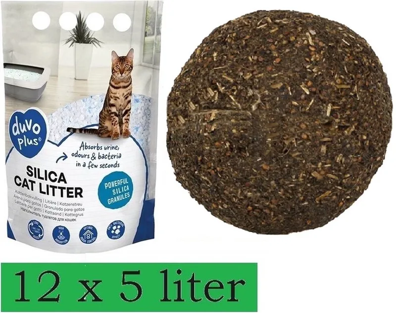 Premium Silica Kattenbakvulling - Voordeelverpakking - 12x 5L - Incl - Catnipbal by Duvo+ – product photo