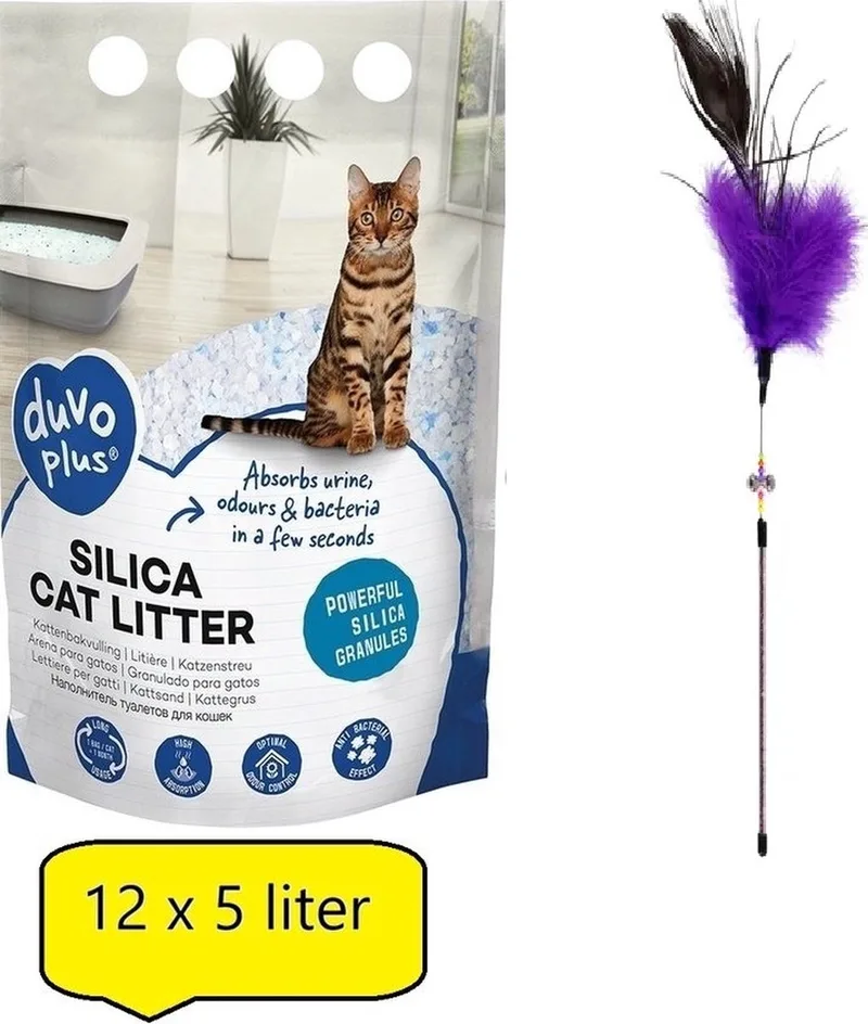 Premium Silica Kattenbakvulling - Voordeelverpakking - 12x 5L - Incl - speelhengel de Duvo+ – photo produit