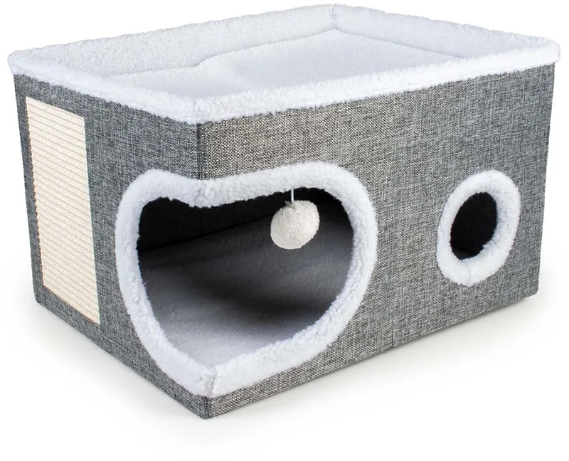 relax! Krabhuisje Greg - Opvouwbaar Kattenhuis met Sisal Krabmat, Speelbal en 2 Slaapplekken - 53x42x33cm von Duvo+ in Grau – Produktfoto