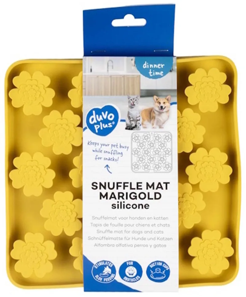 Snuffelmat Goudsbloem - Anti-schrokbak Hond en Kat - Likmat & Slowfeeder - Siliconen met Zuignappen - 20x20x3cm von Duvo+ in Gelb – Produktfoto