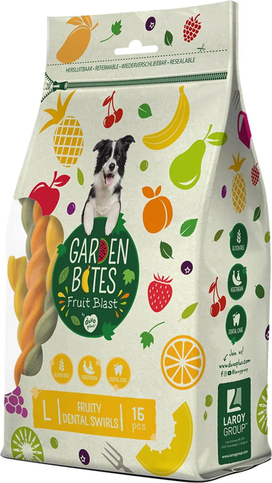 Plus Garden Bites Snacks dentaires végétaliens fruités L de Duvo+ – photo produit