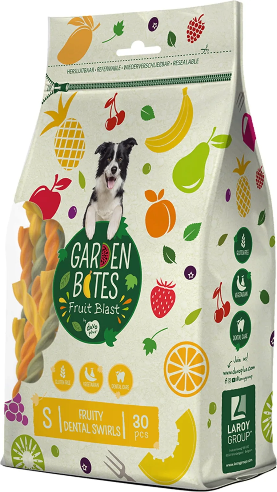Plus Garden Bites Snacks dentaires végétaliens fruités S de Duvo+ – photo produit