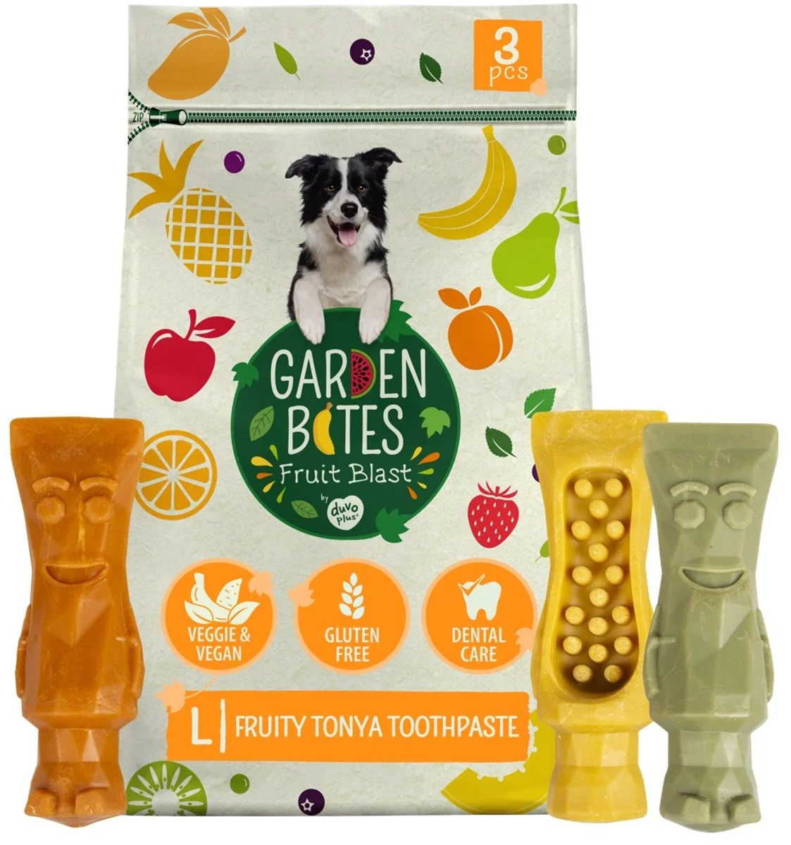 Vegan gebitssnacks Garden Bites Fruity Tonya 13,5 cm van Duvo+ – productfoto