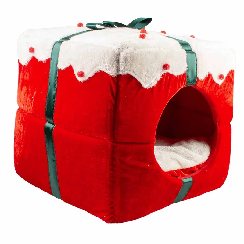 Xmas Cosy Kattenhuis - Kerst Kattenmand in Cadeauvorm - met Uitneembaar Kussen - 40x40x40cm by Duvo+ in Red – product photo