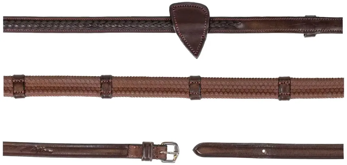 Rubberen teugels voor paarden 1/2 met 7 leren lussen en gevlochten afwerking Dy'on New English Collection de Dy'on en Marron – photo produit