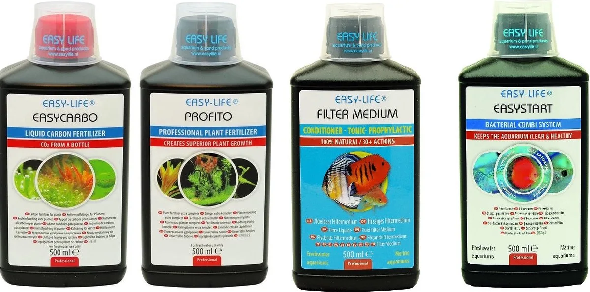 Easy Carbo + Profito + Filter Medium + Easystart - Optimaal Aquariumwater & Plantenvoeding - Combideal - 4x 500ml de Easy Life en Noir – photo produit