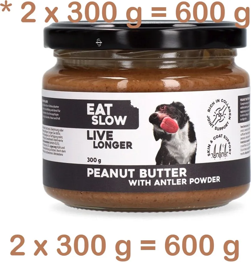 **2 X ** Hofman peanutbutter voor honden met geweipoeder 300gr x 2 = 600 gr - Aanvullende voeding - honden snack -rijk aan callogeen- ondersteunt gewrichten , vacht en huid conditie von Eat Slow Live Longer – Produktfoto