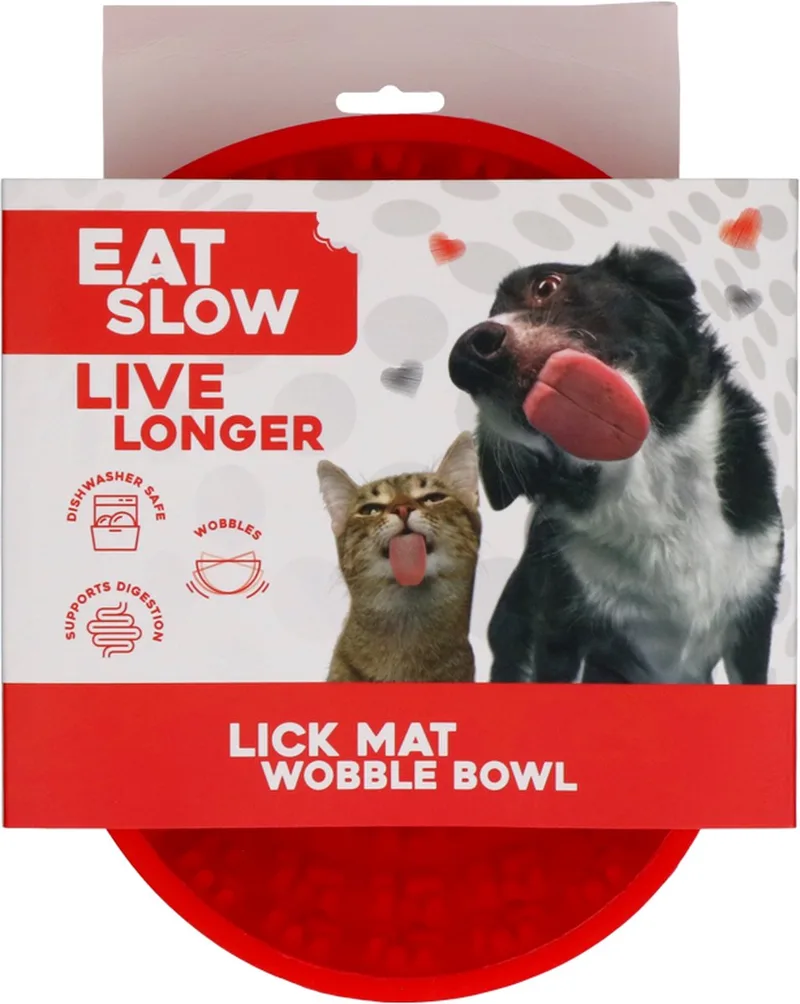 Anti-Schrok kom - Likvoerbak - Wiebelende Anti-Schrok kom - Anti-schrok voerbak - Honden en Katten Likvoerbak - Slowfeeder - 100% siliconen - Vaatwasserbestendig de Eat Slow Live Longer en Rouge – photo produit