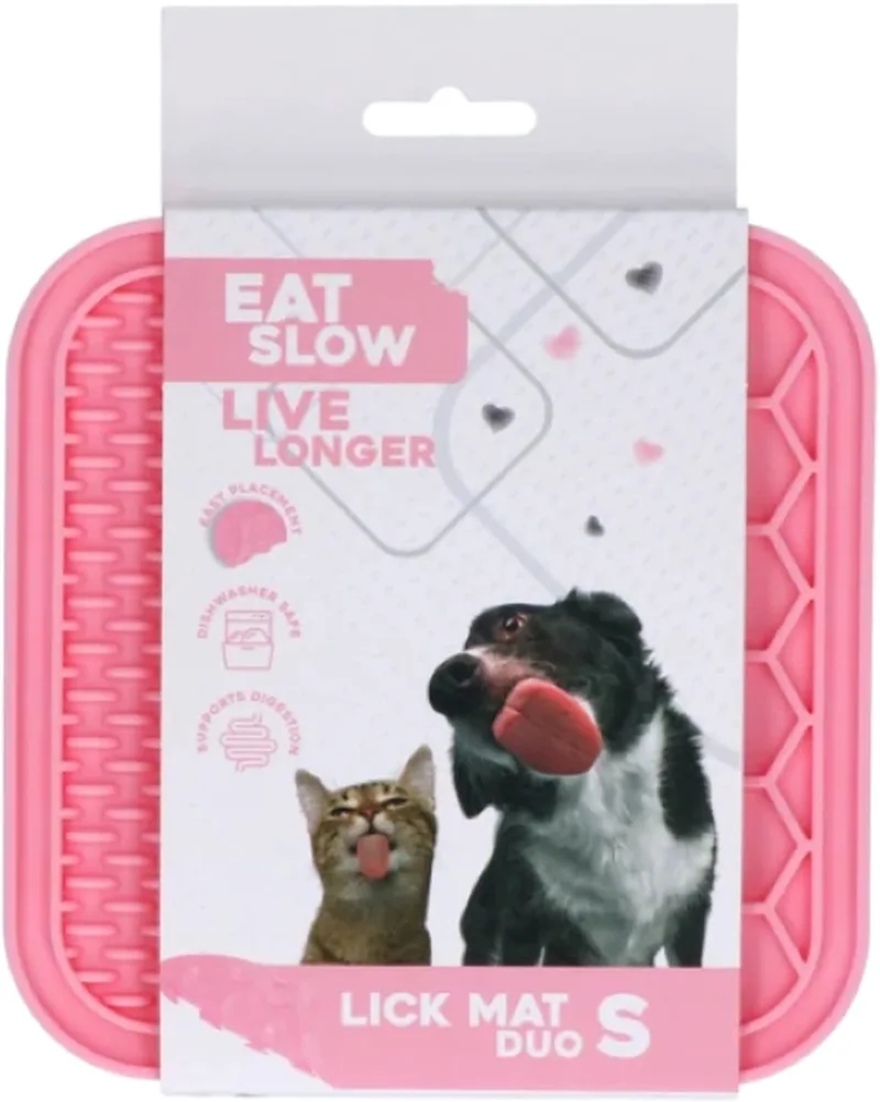 Duo Likmat - 15 x 15 cm - Vierkant - Snuffelmat - Anti-schrok Mat - Slowfeeder Honden en Katten - 100% Siliconen - Vaatwasserbestendig - Maat S - Voerpuzzel Kat von Eat Slow Live Longer in Rosa – Produktfoto