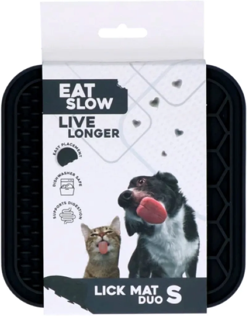 Duo Likmat - 15 x 15 cm - Vierkant - Snuffelmat - Anti-schrok Mat - Slowfeeder Honden en Katten - 100% Siliconen - Vaatwasserbestendig - Maat S - Voerpuzzel Kat de Eat Slow Live Longer en Gris – photo produit