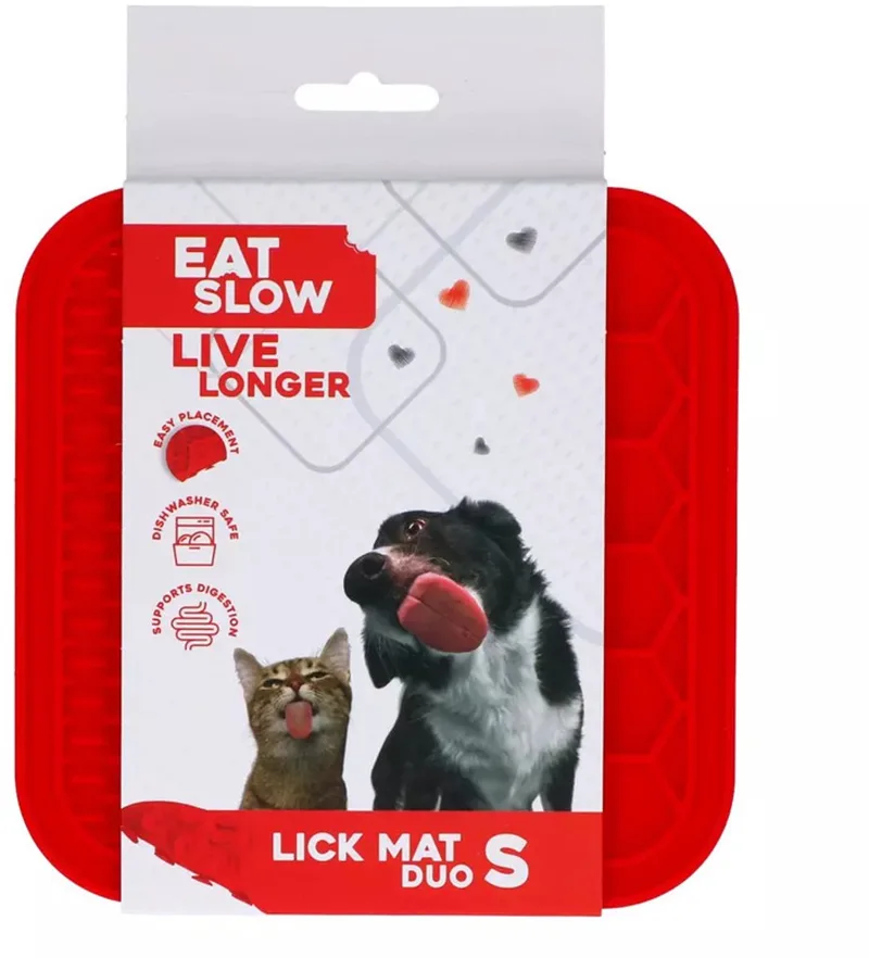 Duo Likmat - 15 x 15 cm - Vierkant - Snuffelmat - Anti-schrok Mat - Slowfeeder Honden en Katten - 100% Siliconen - Vaatwasserbestendig - Maat S - Voerpuzzel Kat von Eat Slow Live Longer in Rot – Produktfoto