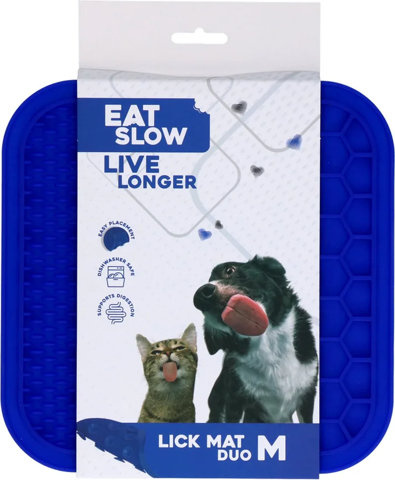 Duo Likmat - 21 x 21 cm - Vierkant - Snuffelmat - Anti-schrok Mat - Slowfeeder Honden en Katten - 100% Siliconen - Vaatwasserbestendig - Maat M - Voerpuzzel Kat von Eat Slow Live Longer in Blau – Produktfoto