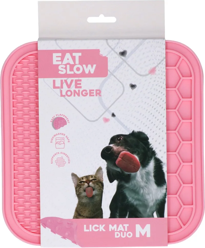 Duo Likmat - 21 x 21 cm - Vierkant - Snuffelmat - Anti-schrok Mat - Slowfeeder Honden en Katten - 100% Siliconen - Vaatwasserbestendig - Maat M - Voerpuzzel Kat de Eat Slow Live Longer en Rose – photo produit
