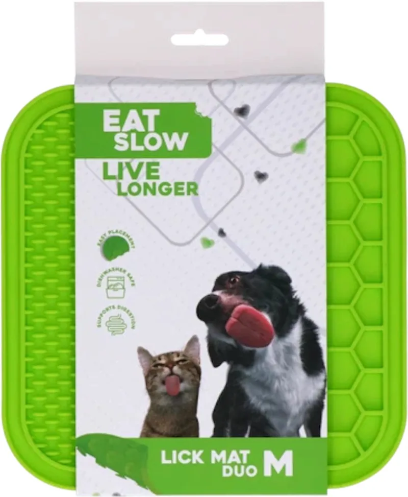 Duo Likmat - 21 x 21 cm - Vierkant - Snuffelmat - Anti-schrok Mat - Slowfeeder Honden en Katten - 100% Siliconen - Vaatwasserbestendig - Maat M - Voerpuzzel Kat de Eat Slow Live Longer en Vert – photo produit