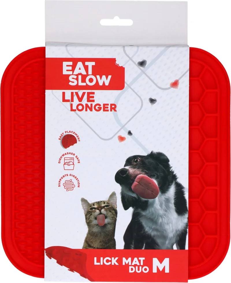 Duo Likmat - 21 x 21 cm - Vierkant - Snuffelmat - Anti-schrok Mat - Slowfeeder Honden en Katten - 100% Siliconen - Vaatwasserbestendig - Maat M - Voerpuzzel Kat de Eat Slow Live Longer en Rouge – photo produit