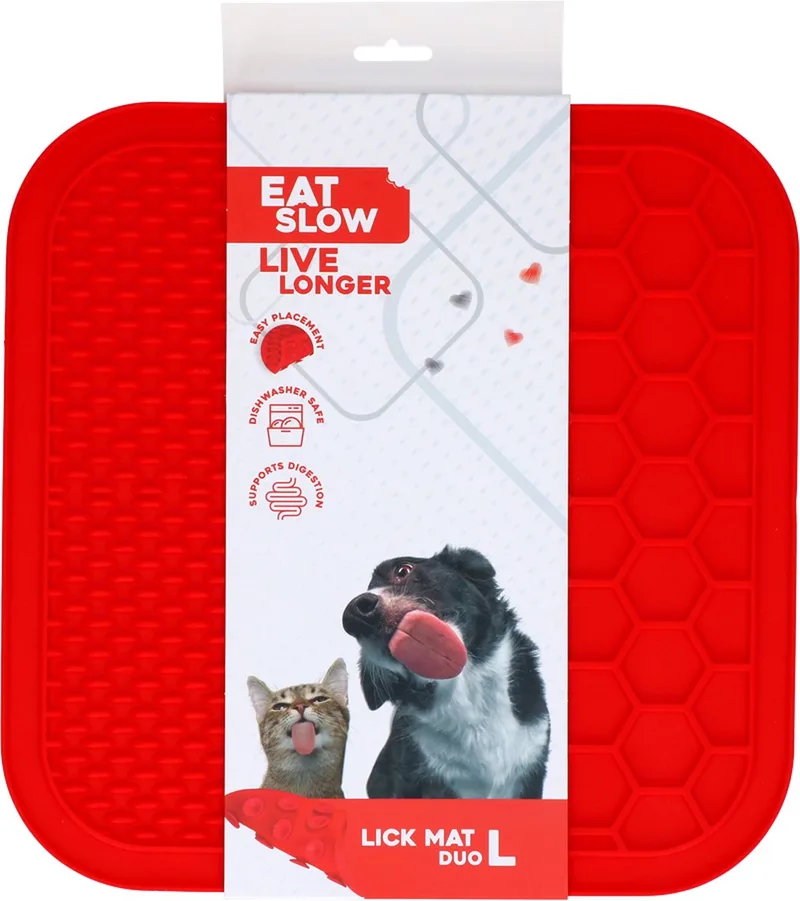 Duo Likmat - 30 x30 cm - Vierkant - Snuffelmat Honden en Katten - Anti-schrok Mat - Slowfeeder - 100% Siliconen - Vaatwasserbestendig - Maat L - Voerpuzzel Kat de Eat Slow Live Longer en Rouge – photo produit