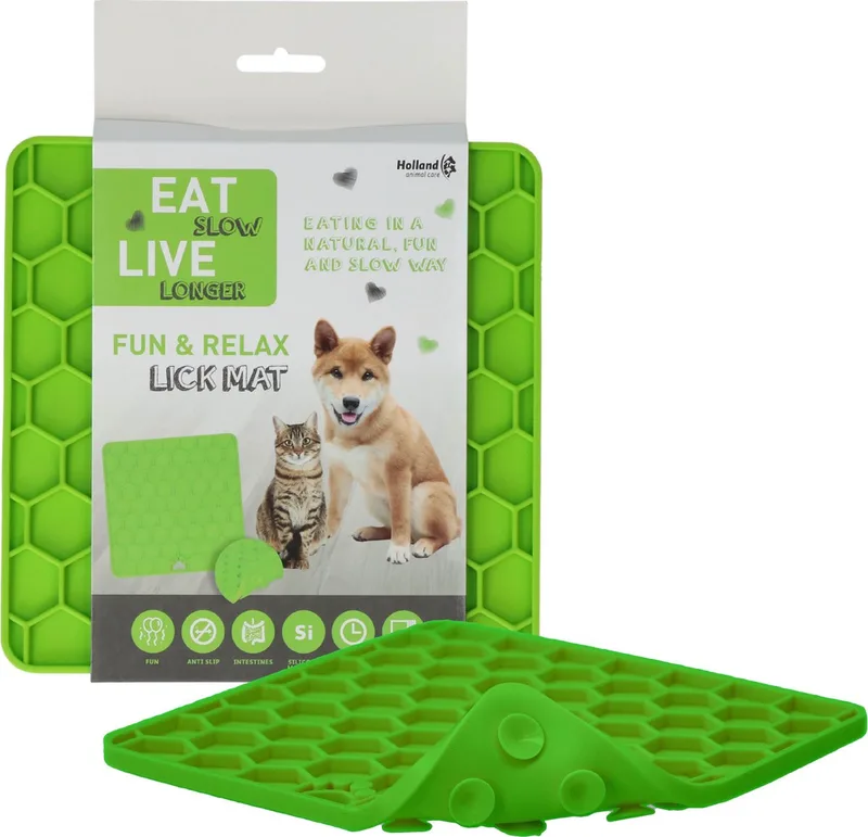 Honingraat Likmat 23 x19 cm – Likmat honden en katten – Anti schrok – Slowfeeder – 100% Siliconen - Likplaat voor huisdieren - Vaatwasserbestendig – Voerpuzzel Kat by Eat Slow Live Longer in Green – product photo