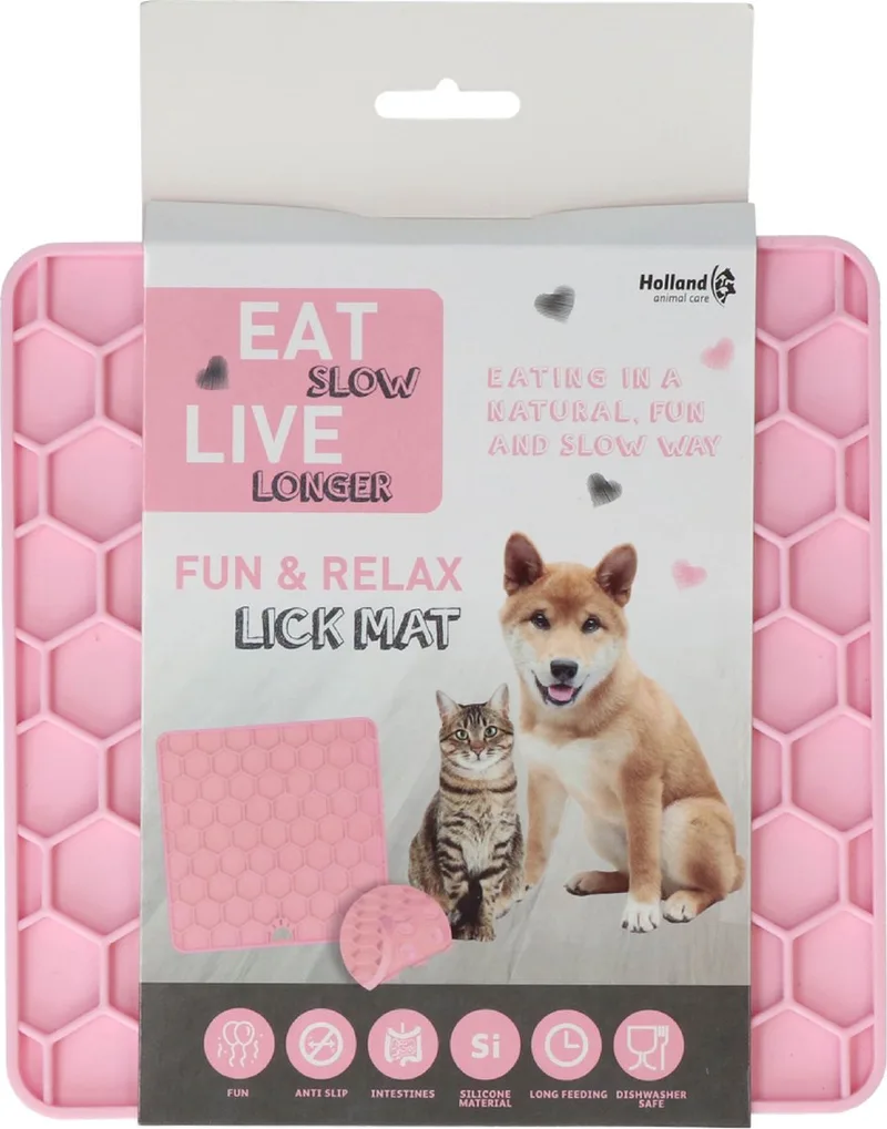 Honingraat Likmat 23 x19 cm – Likmat honden en katten – Anti schrok – Slowfeeder – 100% Siliconen - Likplaat voor huisdieren - Vaatwasserbestendig – Voerpuzzel Kat by Eat Slow Live Longer in Pink – product photo