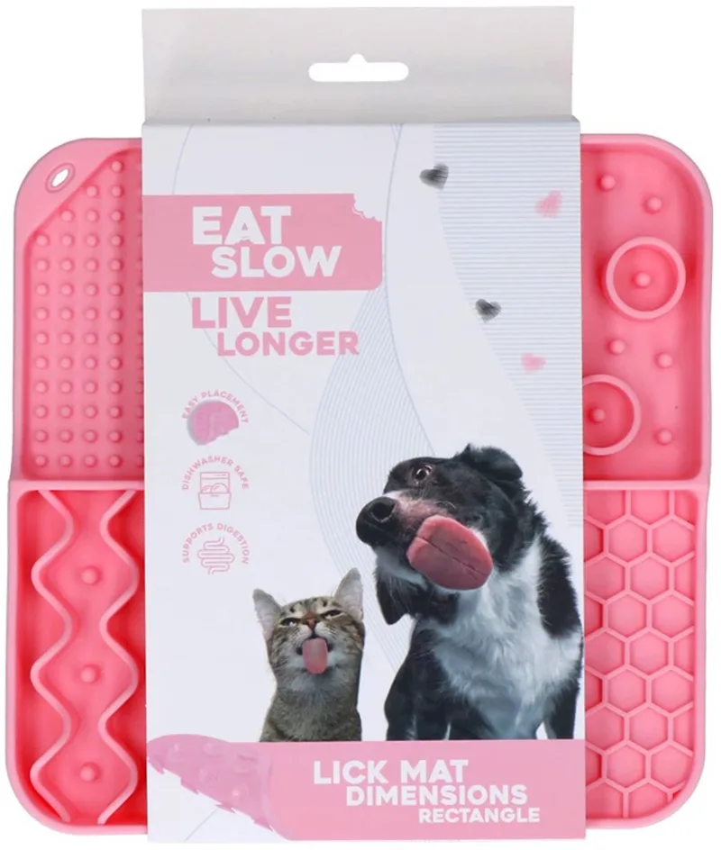 Likmat - 21 x 21 cm - Snuffelmat - Anti-schrok Mat - Slowfeeder Honden en Katten - 100% Siliconen - 4 Patronen - Vaatwasserbestendig - Voerpuzzel Kat de Eat Slow Live Longer en Rose – photo produit