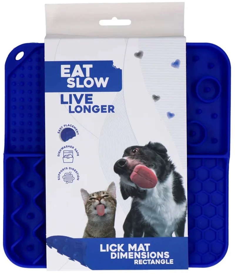 Likmat – 21 x21 cm - Vierkant – Snuffelmat – Anti-schrok Mat – Slowfeeder – Afleiding – Honden en Katten - 100% Siliconen – Vaatwasserbestendig – Voerpuzzel Kat de Eat Slow Live Longer en Bleu – photo produit