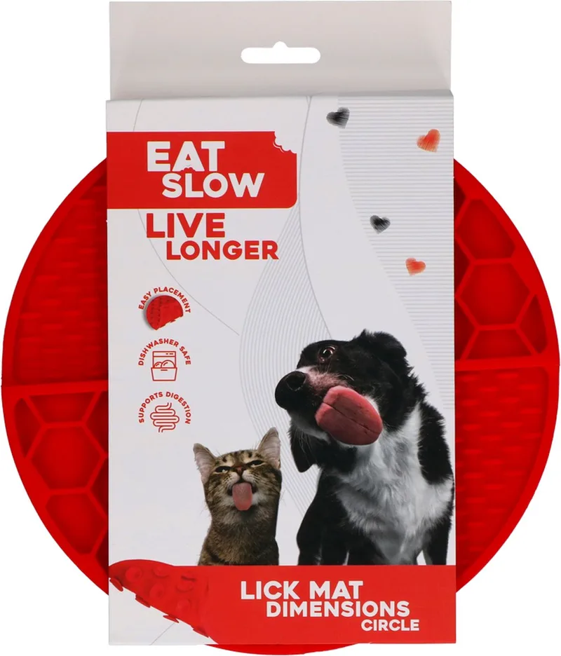 Likmat Cirkel – Ø21 cm – Snuffelmat – Anti-schrok Mat – Slowfeeder – Afleiding – Honden en Katten - 100% Siliconen – Vaatwasserbestendig – Voerpuzzel Kat de Eat Slow Live Longer en Rouge – photo produit