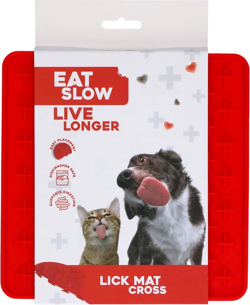 Likmat Kruisjes - 19 x 19 cm - Vierkant – Snuffelmat – Anti-schrok Mat – Slowfeeder – Afleiding – Honden en Katten - 100% Siliconen – Vaatwasserbestendig - Voerpuzzel Kat by Eat Slow Live Longer in Red – product photo