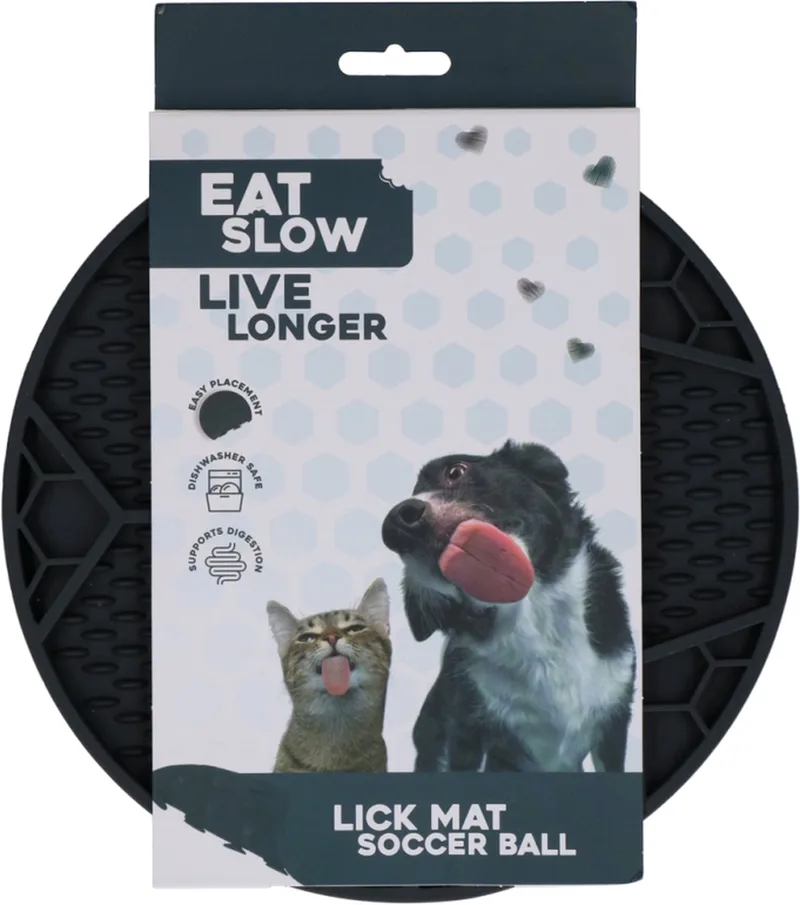 Likmat - Ø 22 cm - Slowfeeder Honden en Katten - Anti Schrok - Voermat - Likvoerbak - Voor Nat Voer en Brokken - Vaatwasserbestendig - Voetbal - Anti Slip - Voerpuzzel Kat - Zwart by Eat Slow Live Longer in Black, Red, Orange – product photo