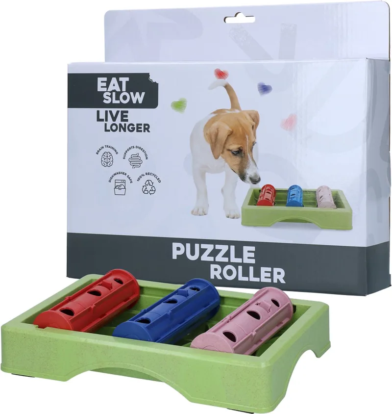 Roller - Anti Schrokbak Hond - Hondenspeeltjes - Hondenspeelgoed Intelligentie - Hondenpuzzel - Hondenvoerbak de Eat Slow Live Longer en Rouge, Rose, Groen en blauw – photo produit
