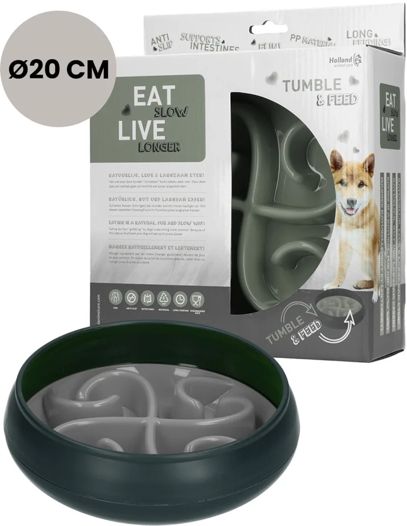 Tumble Feeder – ø 20 cm - Voerbak – Anti-schrok bak voor honden – Slowfeeder met beweging – Trager eten voor je huisdier de Eat Slow Live Longer en Gris – photo produit