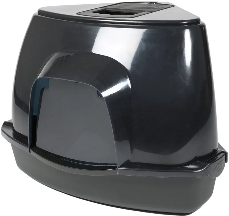 Kattentoilet Prism Transparant/Zwart – compact overdekt kattenbakontwerp met koolfilter, verkrijgbaar in M & L M - 38x56x40cm de Ebi en Noir – photo produit