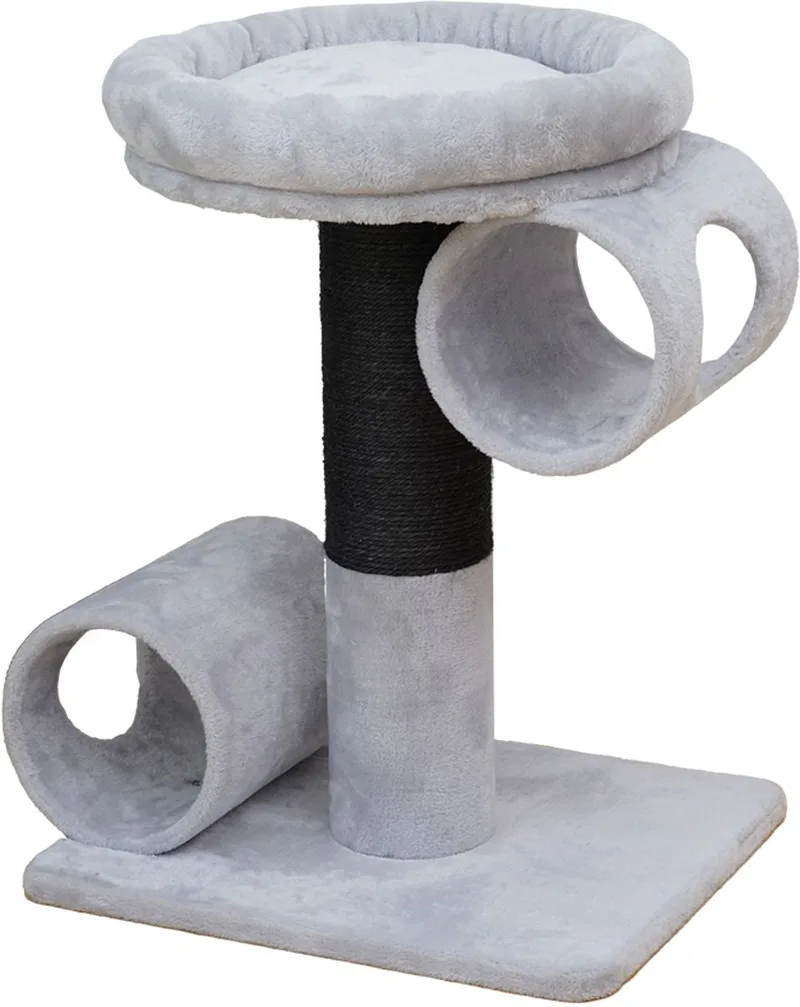 Krabpaal Budapest - Compacte Krabpaal met Mand en 2 Tunnels - Zacht Pluche & Sisal - 54x45x67cm de Ebi en Gris, Noir – photo produit