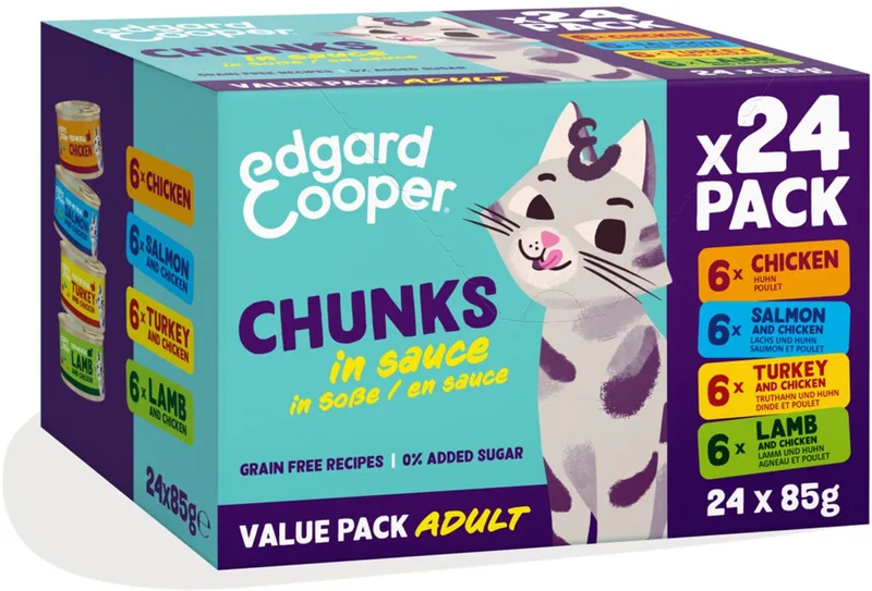 Adult Chunks Kattenvoer Nat Kip & Zalm & Kalkoen & Lam - 24 x 85 gr von Edgard & Cooper – Produktfoto
