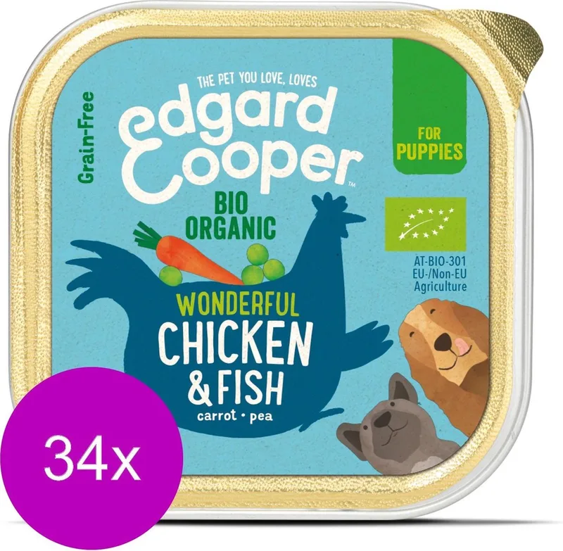 Biologische Kip & Vis Kuipje - Voor Puppy's - Hondenvoer - 34 x 100g NL-BIO-01 by Edgard & Cooper – product photo