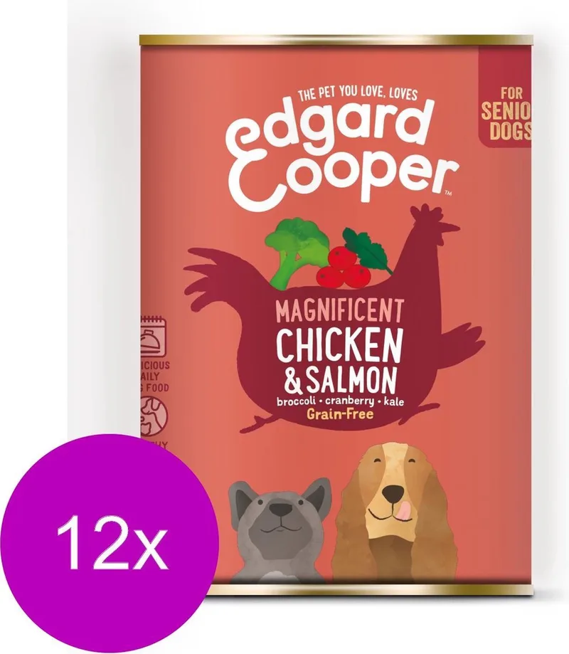 Blik Chicken Salmon Senior - Hondenvoer - 12 x Kip Zalm Broccoli 400 g Graanvrij de Edgard & Cooper – photo produit