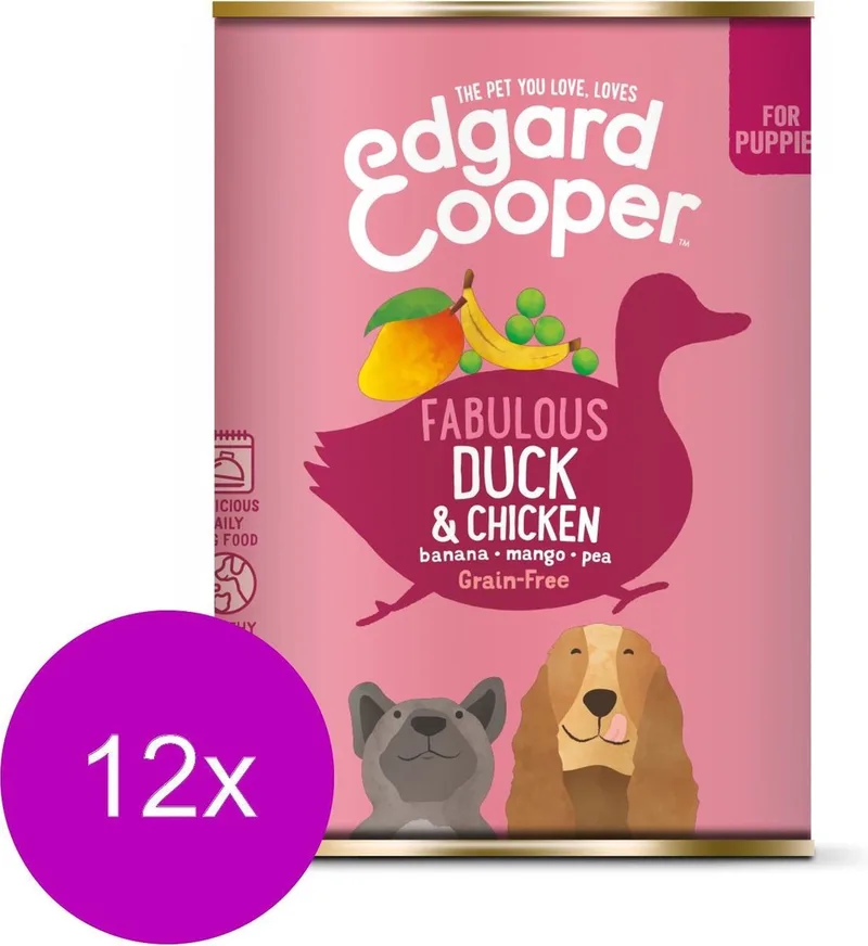 Blik Duck Chicken Puppy - Hondenvoer - 12 x Eend Kip Banaan 400 g Graanvrij fra Edgard & Cooper – produktbillede