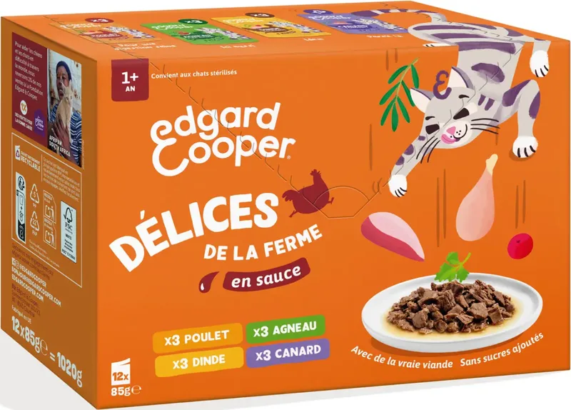 EDGAR & COOPER Pâtée pour Chat en Sauce Poulet Dinde Agneau Canard Délices de la Ferme 12X85G de Edgard & Cooper – photo produit