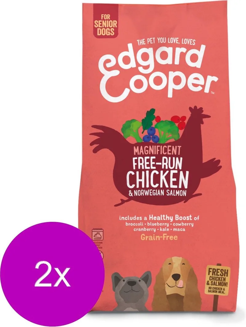 Free-Run Chicken Senior Kip&Zalm&Broccoli - Hondenvoer - 2 x 7 kg Graanvrij de Edgard & Cooper – photo produit