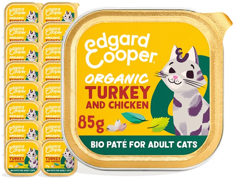 Kattenvoer Graanvrij Biologisch Natvoer voor Katten Gesteriliseerde of Actieve Kat Natuurlijke Heerlijke PatÃ© 85g x 16 Biologische Verse Kalkoen, Smakelijk en Uitgebalanceerd, Vers Vlees by Edgard & Cooper – product photo