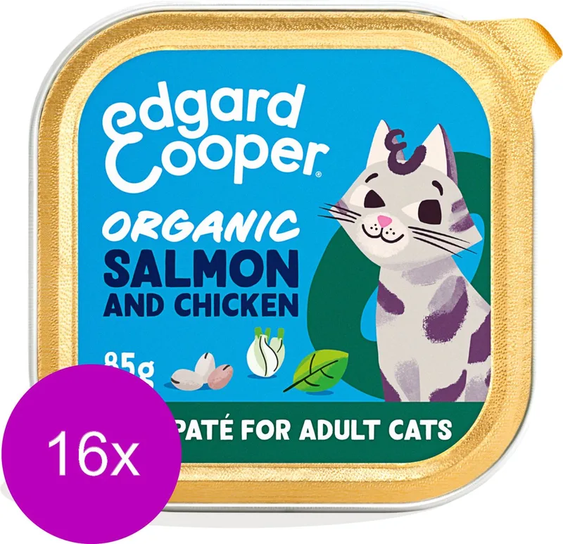 Kattenvoer Graanvrij Biologisch Natvoer voor Katten Gesteriliseerde of Actieve Kat Natuurlijke Heerlijke PatÃ© 85g x 16 Biologische Verse Zalm & Kip, Smakelijk en Uitgebalanceerd, Vers Vlees by Edgard & Cooper – product photo