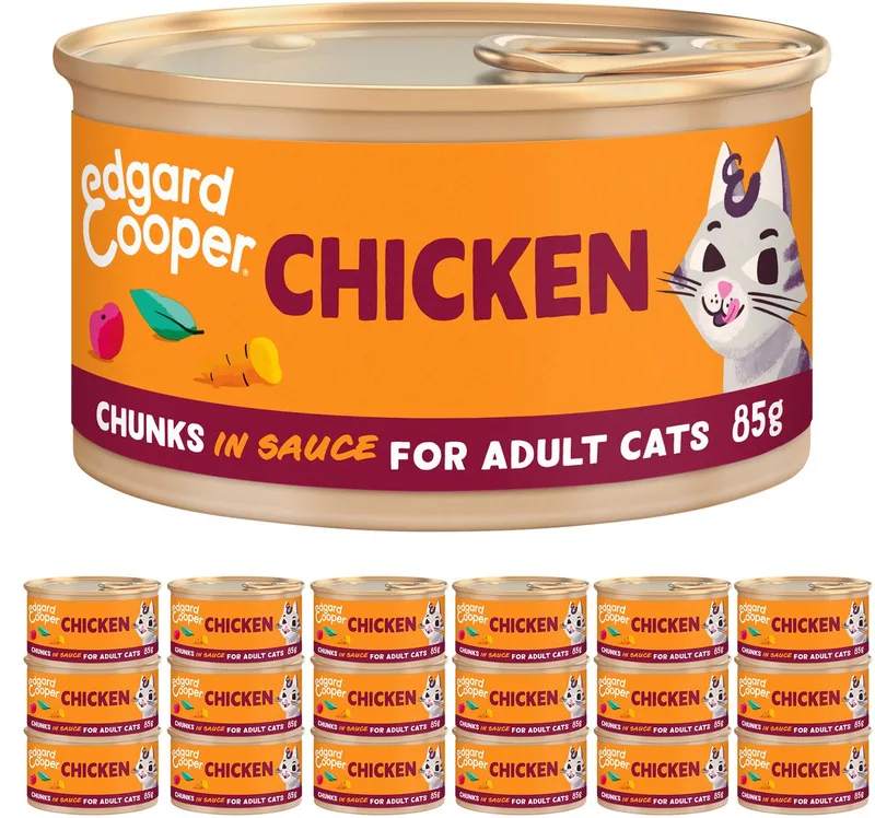 Kattenvoer Graanvrij Natvoer voor Katten Gesteriliseerde of Actieve Kat Natuurlijke Stukjes in Saus 85g x 18 Verse Kip, Smakelijk en Uitgebalanceerd, Vers Vlees by Edgard & Cooper – product photo