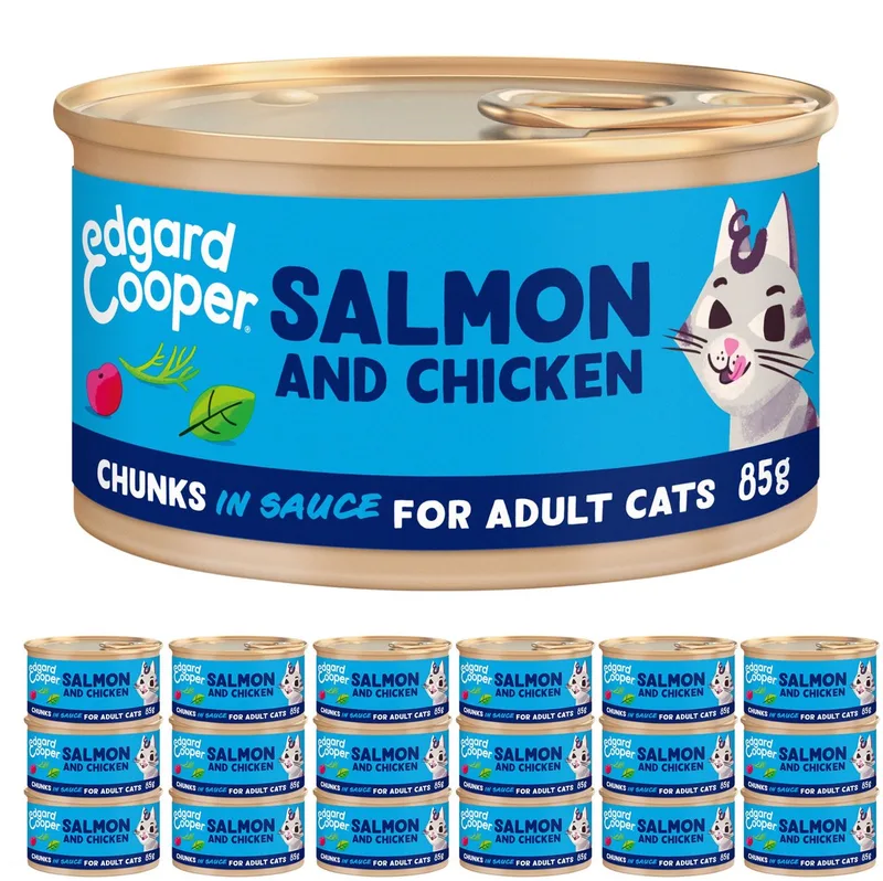 Kattenvoer Graanvrij Natvoer voor Katten Gesteriliseerde of Actieve Kat Natuurlijke Stukjes in Saus 85g x 18 Verse Zalm & Kip, Smakelijk en Uitgebalanceerd, Vers Vlees fra Edgard & Cooper – produktbillede